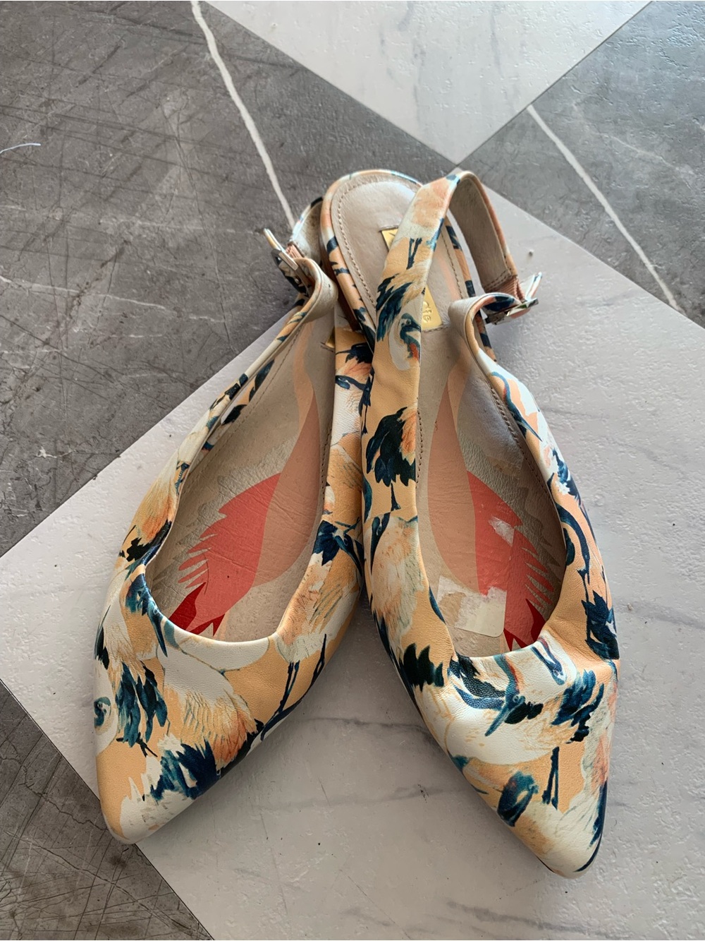 Floral Pointed Slingback Flats in Peach and Blue